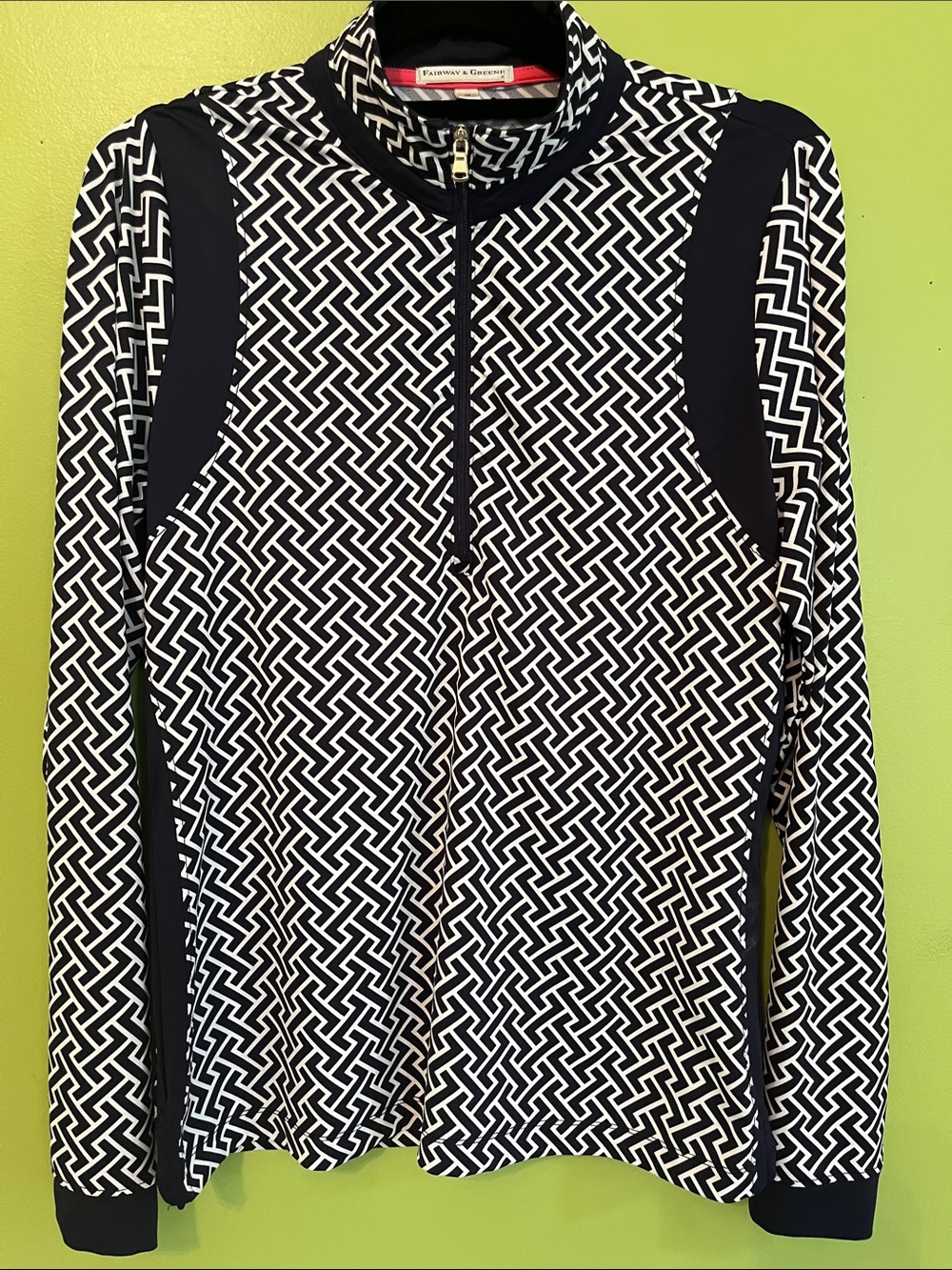 Fairway & Greene quarter-zip pullover in geometric interlacing pattern